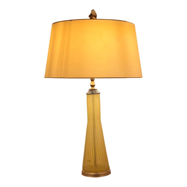 Vintage Italian Murano Glass Table Lamp – Ribbed Yellow Blown Glass With Shade For Sale