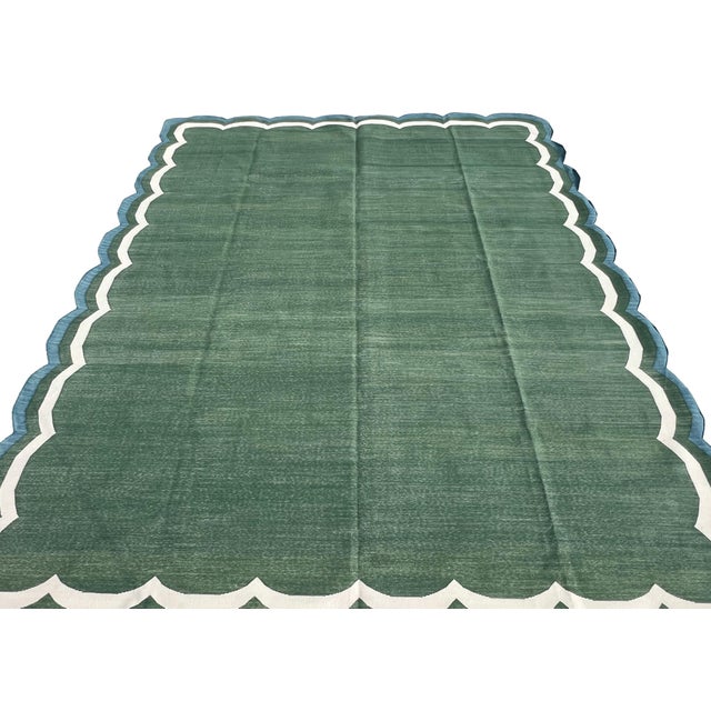 Handmade Cotton Flat Weave Area Rug, Forest Green, Cream and Teal Blue Scalloped Dhurrie - 8'x10' For Sale - Image 10 of 14