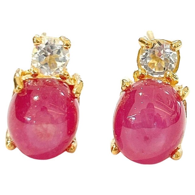 Bochic “Orient” Red Ruby & White Topaz Earrings Set In 18K Gold & Silver - a pair For Sale