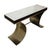 Bernhardt console table featuring a mirrored top supported by sculptural, shaped brass base and ring on each side and...