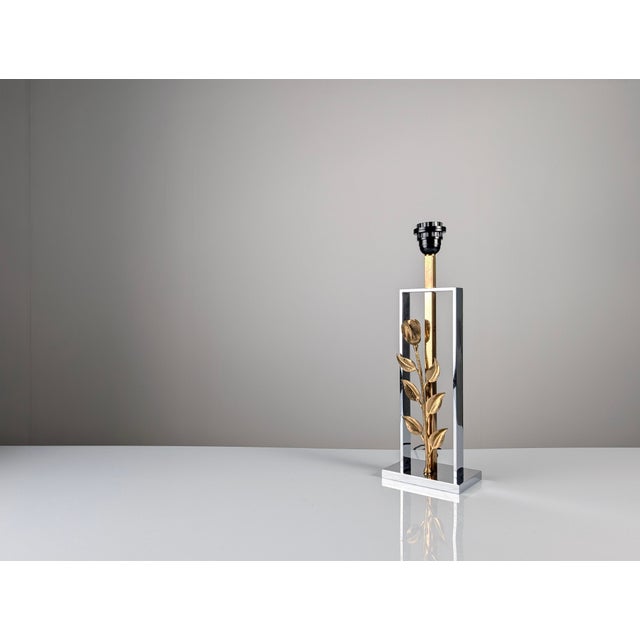 Chrome and Gilt Bronze Rose Table Lamp attributed to Maison Charles, France, 1970s For Sale - Image 9 of 14