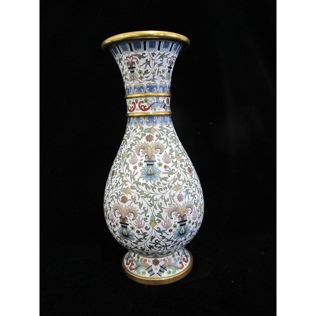 Large Chinese White Enamel Cloisonne Colorful Flower Vase Pair For Sale - Image 4 of 14