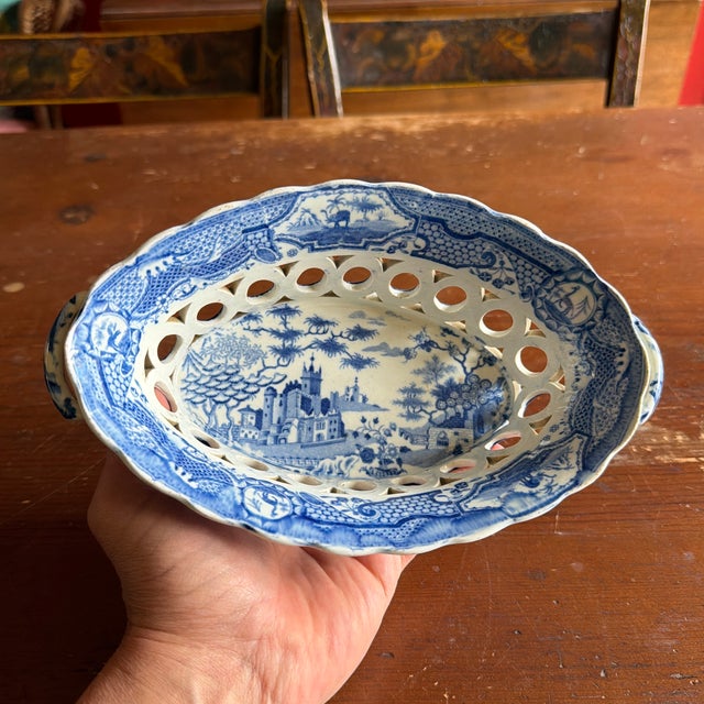 Antique Staffordshire Pearlware Blue Transfer "Gothic Castle" Chestnut Basket, Attributed to Spode, Circa 1820s For Sale - Image 10 of 12