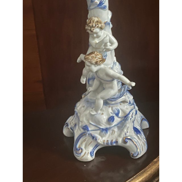 Blue Vintage German Meisen Style Porcelain Figural 2 Parts Candleholders For Sale - Image 8 of 11
