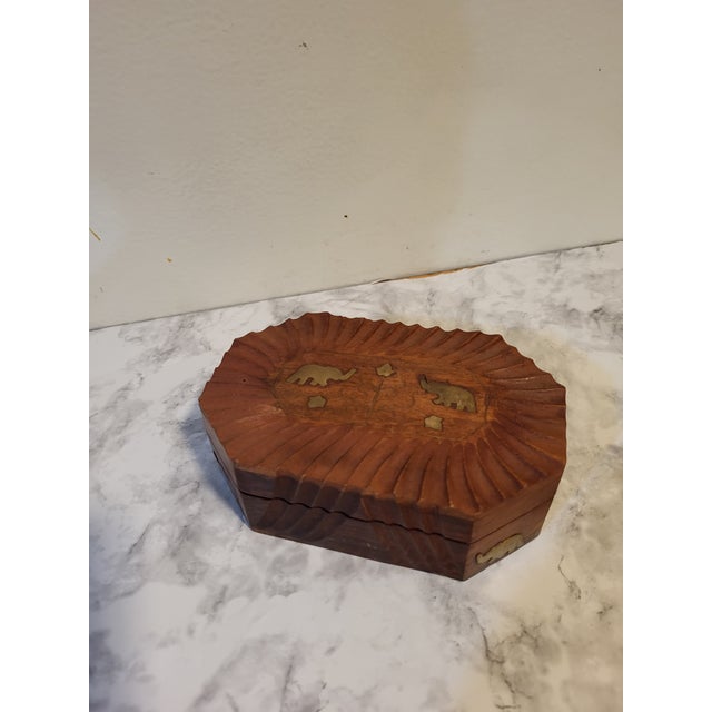 Superb solid hand carved wood lidded Indian Spice Box iwith brass inlay elephants. Could also be a jewelry box.