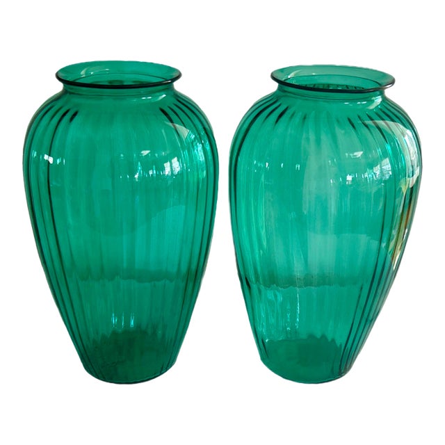 Anchor Hocking Green Glass Vases - A Pair For Sale