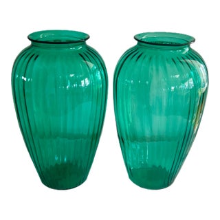 Anchor Hocking Teal Green Glass Vases - A Pair For Sale