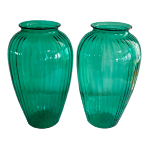 Vintage Anchor Hocking Teal Green Glass Vases - A Pair