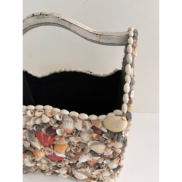 Folk Art Large Vintage Seashell-Encrusted Wooden Basket With Handle – Handmade Coastal Folk Art Beach House Decor For Sale - Image 3 of 12
