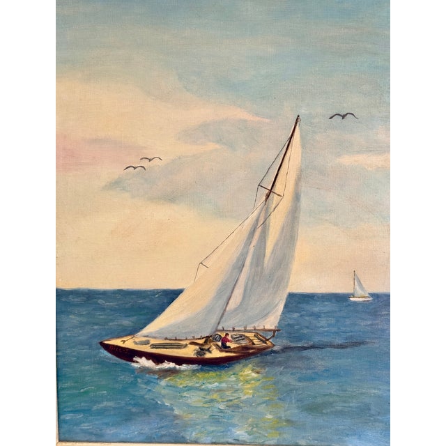 Vintage Mid-Century Nautical Sailboat Seascape Original Oil Painting in Gilt Frame For Sale - Image 6 of 11