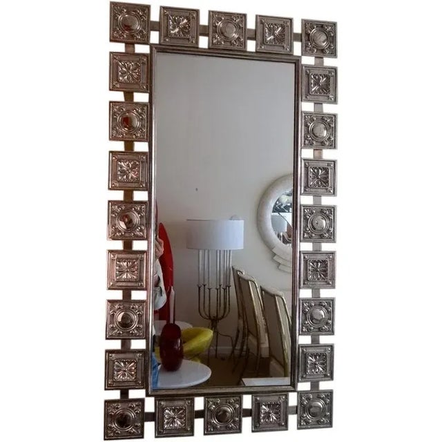 Vintage Mid Century Modern Nickeled Silver Over Brass Wall Mirror With Raised Designs For Sale In Miami - Image 6 of 6