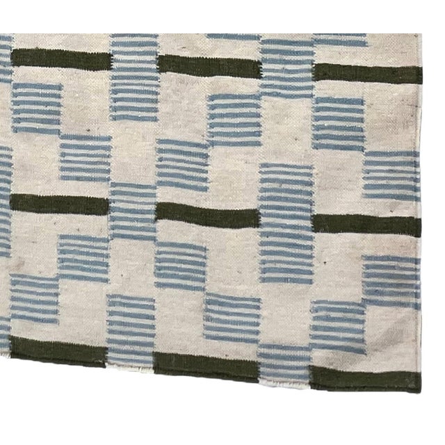 Textile Handmade Woolen Flat Weave Rug, Cream, Sky Blue and Sage Green Striped Wool Rug - 6'x9' For Sale - Image 7 of 10