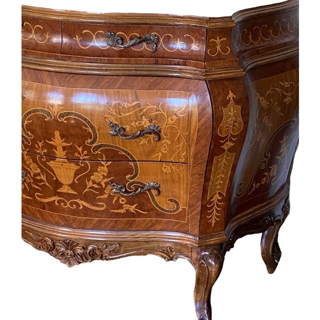 1970s Vintage Italian Style Inlay Bombe Commode For Sale - Image 5 of 11