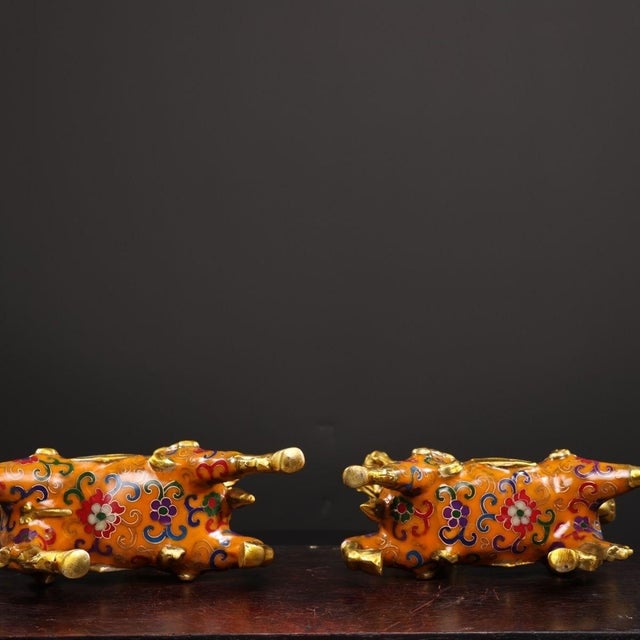 Pair of Vintage Cloisonné Enamel Bronze Qilin Statues Foo Dogs 6.3" For Sale - Image 9 of 9