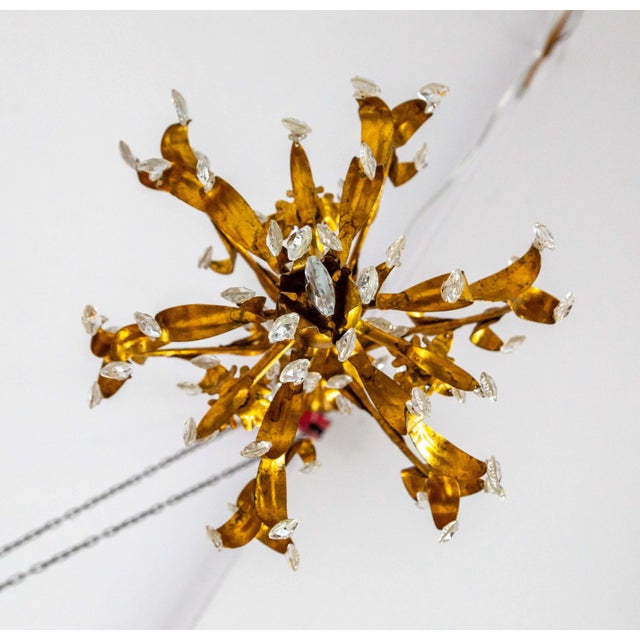 Metal Mid Century Spherical Gilt Leaves & Crystal Chandelier For Sale - Image 7 of 12