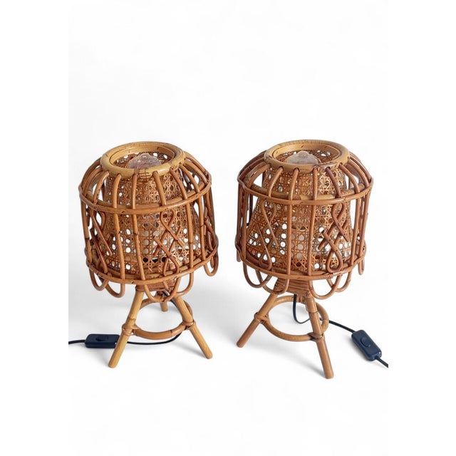 Mid-Century Modern French Riviera Rattan and Cane Table Lamps by Franco Albini, 1960s, Set of 2 For Sale - Image 3 of 14