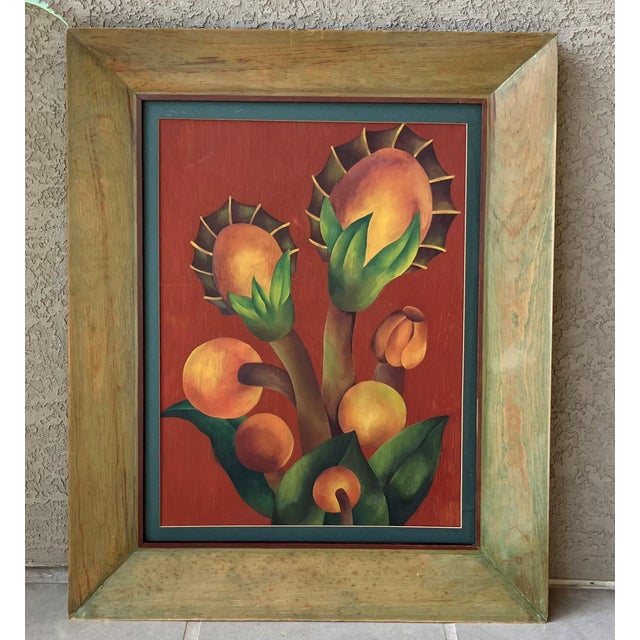 Mid 20th-Century Framed Oil on Board Stylized Botanical Painting For Sale - Image 18 of 18
