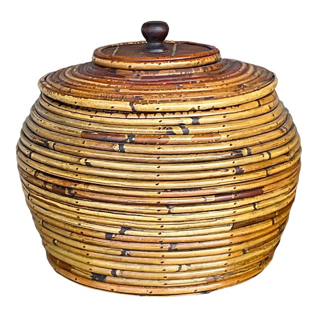Vintage Costal Pencil Reed Low Lidded Urn For Sale