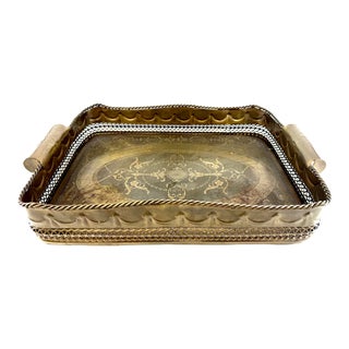 Vintage Large Brass Ornate Serving Tray For Sale