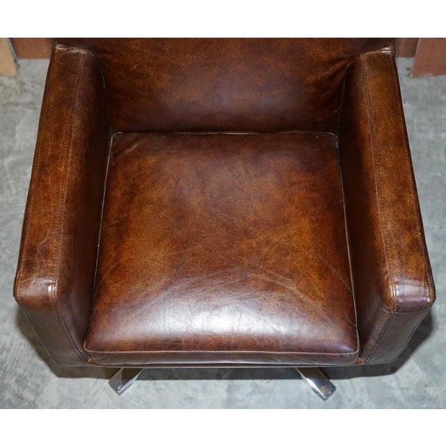 Brown Hand Dyed Brown Leather Aviator Hammered Metal Swivel Captains Armchair For Sale - Image 8 of 18