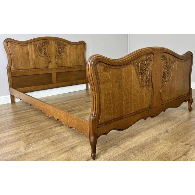 Vintage French Louis XVI Double Bed Frame in Carved Oak For Sale - Image 3 of 15