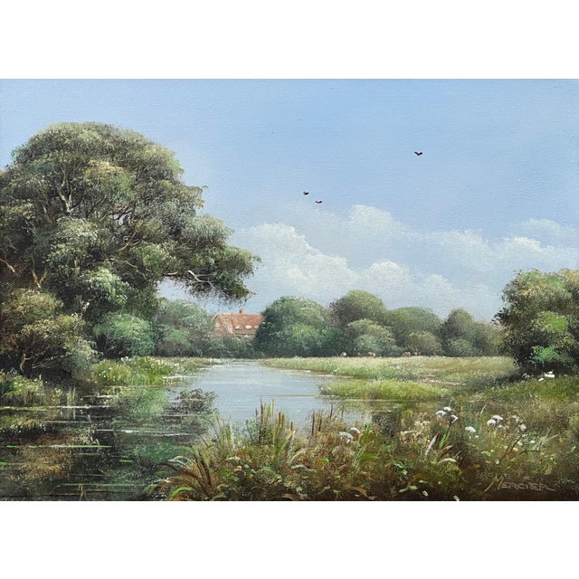 River Meadow with Cattle & Cottage in the English Countryside by British Artist, Tony Mercier (Born 1945) Art measures 16...