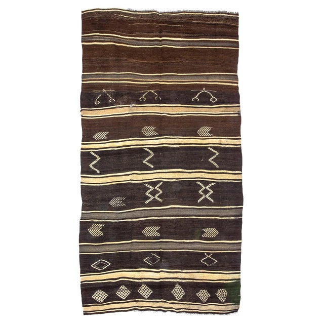 Vintage Brown Embroidered Kilim Rug-6'x11'3" For Sale