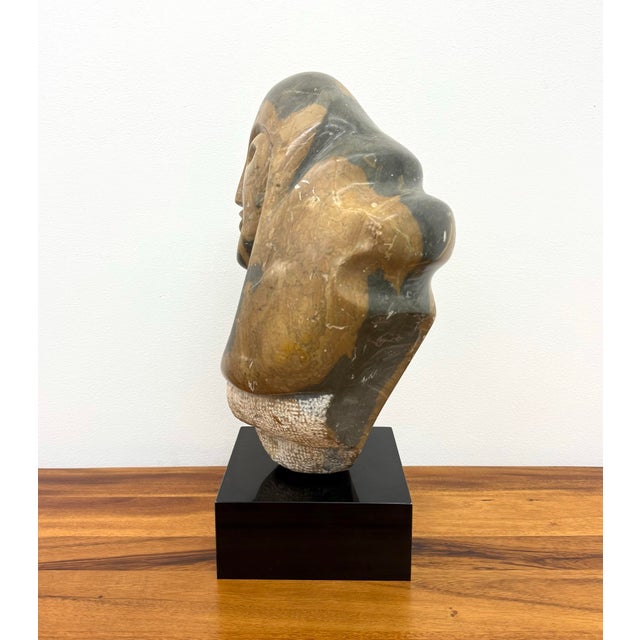 Abstract Vintage Hand Carved Abstract Figurative Stone Bust on Black Plinth For Sale - Image 3 of 7