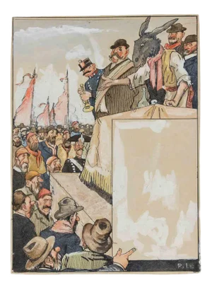Gabriele Galantara, The Campaign Rally, Mixed Media Drawing, 1919
