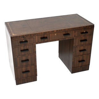 Art Deco Figured Walnut Pedestal Desk with Leather Top, 1930 For Sale