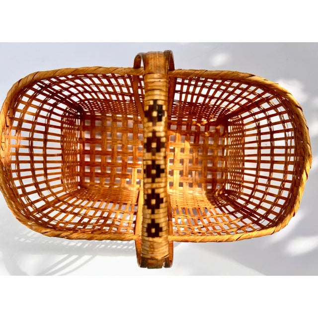 Wood Vintage Chinese Natural Open Weave Bamboo Rattan Handle Basket For Sale - Image 7 of 10