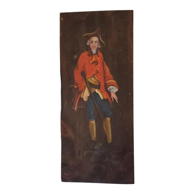 Colonial Man Oil on Wood Painting, Vintage For Sale