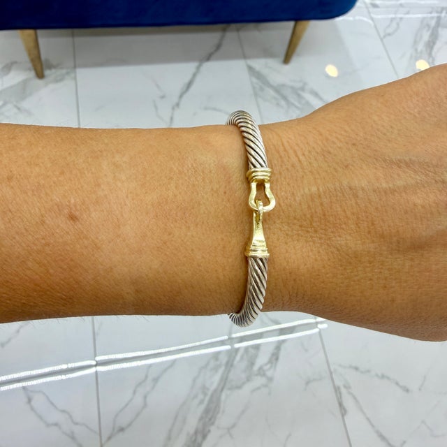 Silver David Yurman 925 Silver 5mm 14k Yellow Gold Buckle Classic Cable Bangle Bracelet For Sale - Image 8 of 8