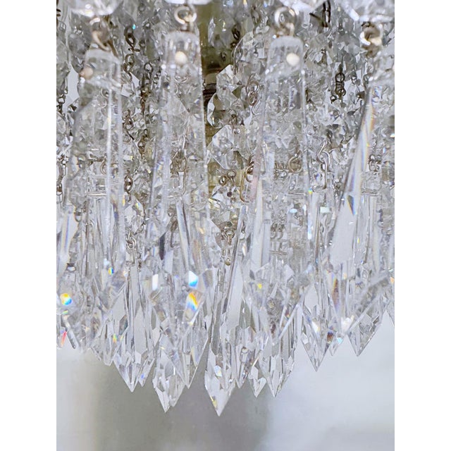 1960s Vintage Hollywood Regency Floral Embossed Brass Tiered Waterfall Crystal Flush Mount Chandelier For Sale - Image 5 of 7