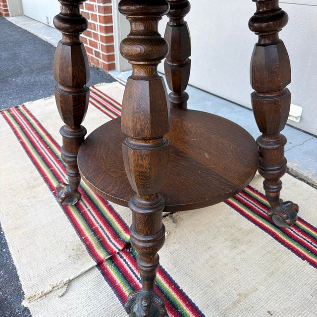 Brown Antique Quartersawn Oak Round Tabouret Table With Glass Ball & Claw Feet For Sale - Image 8 of 18