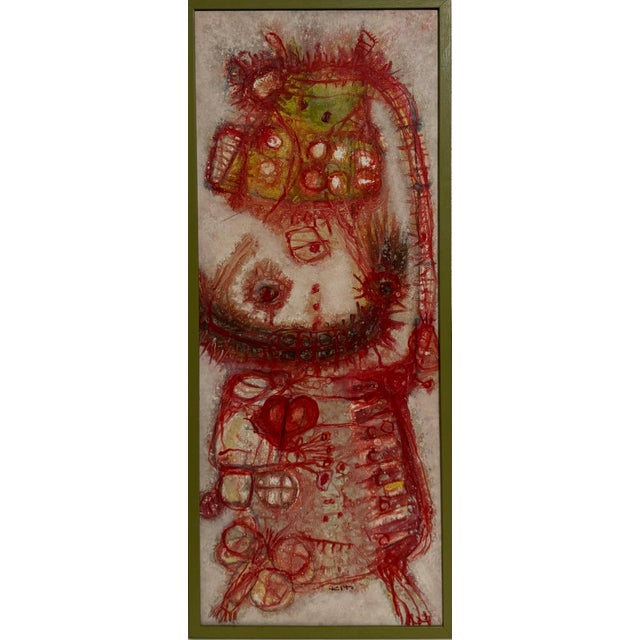 Red Akira Kito, 1963 French Japanese Art Brut Abstract Oil Painting Akira Kito Diable et Rouge, 1963 For Sale - Image 8 of 12