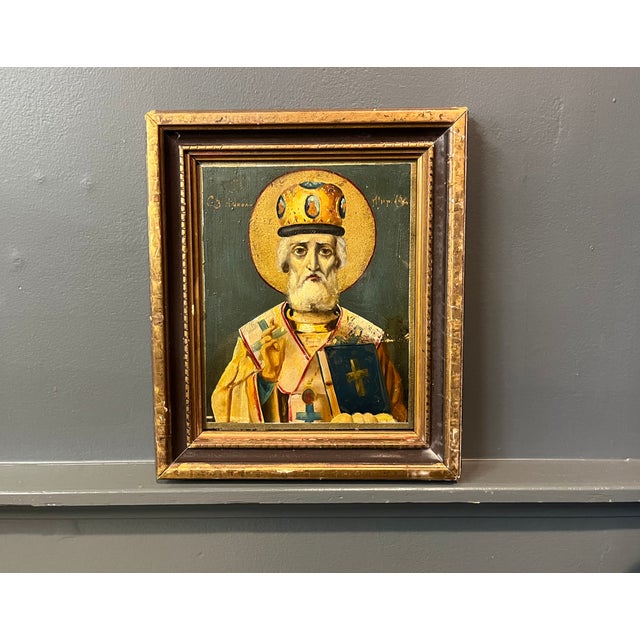Paint Antique Oil Painting on Board - Russian Icon Portrait of Saint Nicholas Circa 1925 For Sale - Image 7 of 9