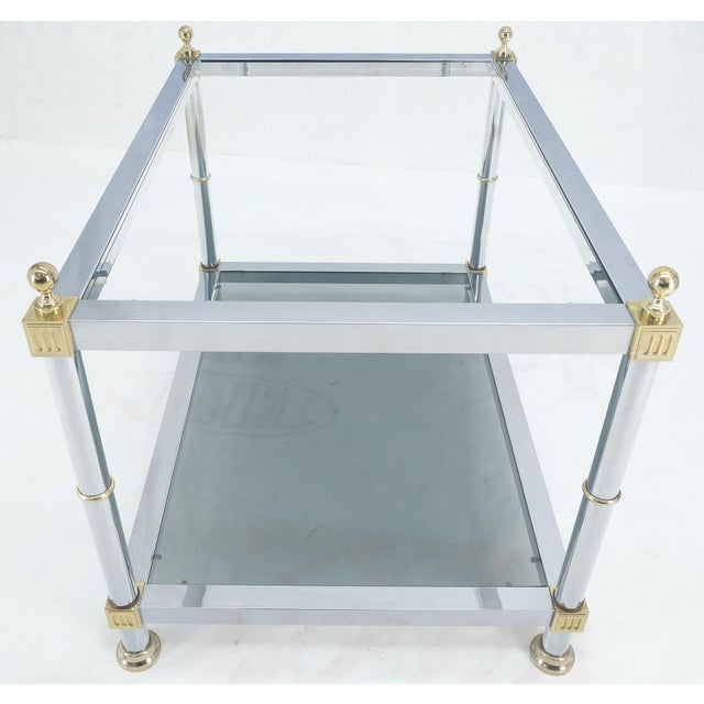 Transparent Pair of Rectangle Chrome & Brass Smoked Glass Two Tier End Side Tables MINT! For Sale - Image 8 of 9