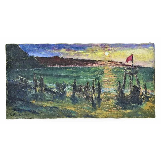 Contemporary Pino Romanò, Sunset on the Beach, Oil Painting, 1990s For Sale - Image 3 of 5