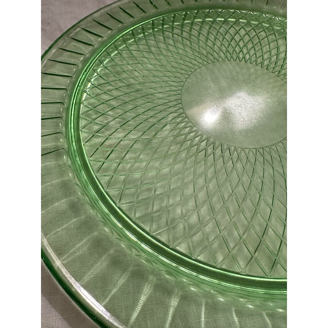 Green Depression Glass Cake Plate. Diamond Lattice pattern. Perfect for a garden party. I have lots more green glassware...
