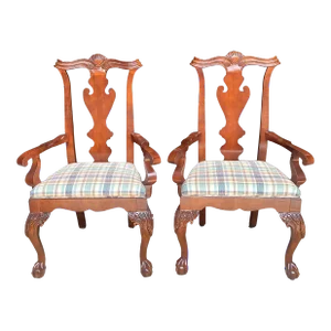 1990s Pair of Century Furniture Company Chinese Chippendale Armchairs With Madras Upholstered Seats