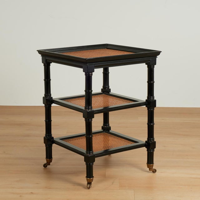 Pair of Vintage British Colonial Style Faux Bamboo Three Tiered Caned Stands For Sale - Image 4 of 17