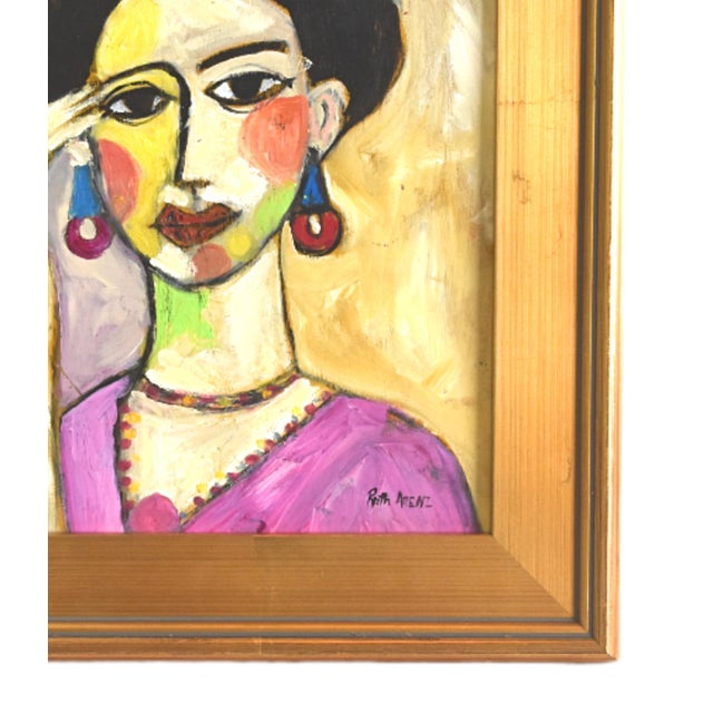 Original one-of-a-kind contemporary portrait oil painting on board. The talented artist "Ruth Arenz” signed the painting...