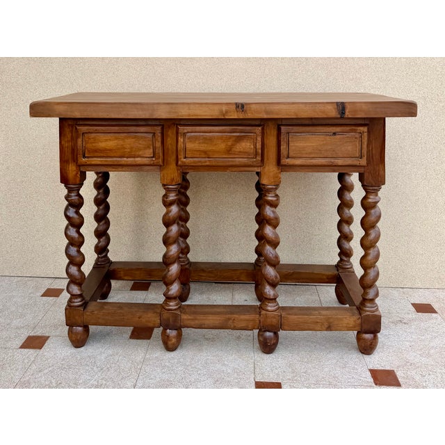 Brown Spanish Wood Console Table with Three Drawers, 1950 For Sale - Image 8 of 13