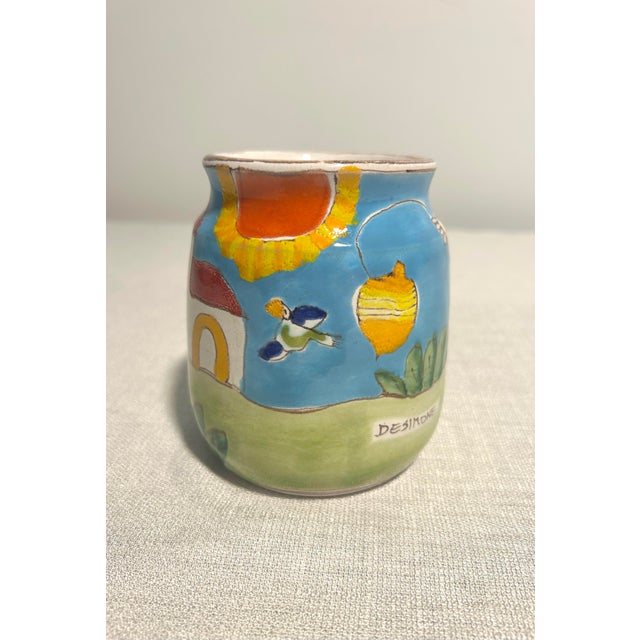 Mid 20th Century MCM Italian DeSimone for Vietri Hand Painted Boy With Kite Vase Cachepot For Sale - Image 5 of 6