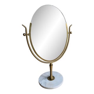 Vintage Oversized Brass & Carrara Marble Double-Sided Vanity Mirror Attributed to Charles Hollis Jones For Sale