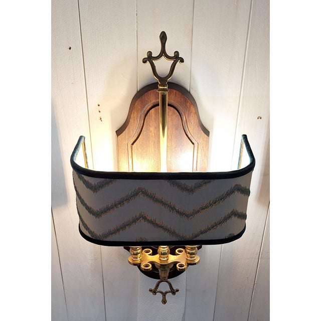 Vintage Wall Lamp with Mahogany Back Panel, Brass Frame and Fabric Shade, 1980s For Sale - Image 3 of 8