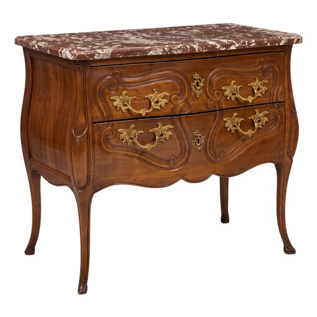 Italian Carved Walnut Rouge Marble Top Commode With French Styling For Sale
