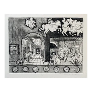 1972 Adrienne Anderson Annunciation With Bathers Etching and Aquatint