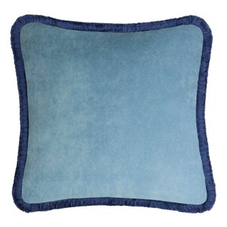 Happy Cushion Cover in Velvet Light Blue with Blue Fringes For Sale